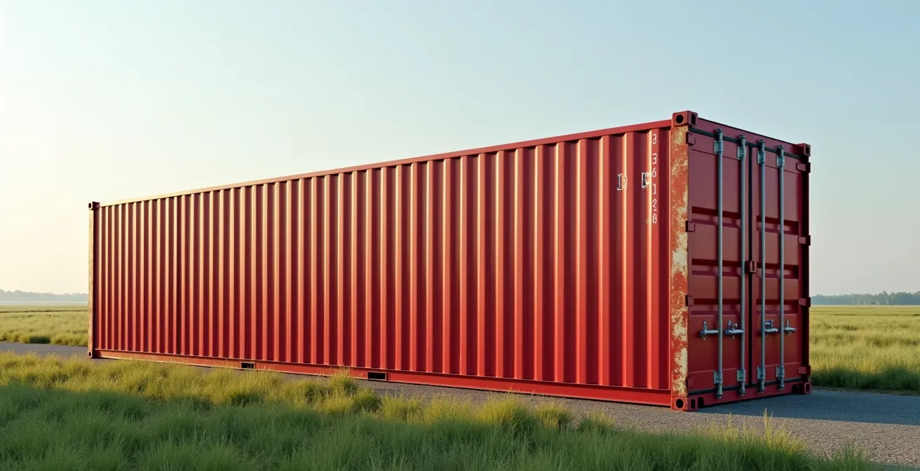 Conteneur 20 pieds neuf pour stockage photographié dans un environnement industriel clean avec espace négatif