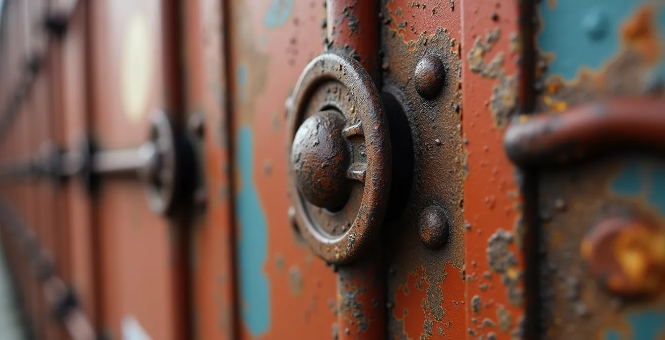 Détail macro d'une surface métallique de conteneur montrant rivets, rouille et texture industrielle