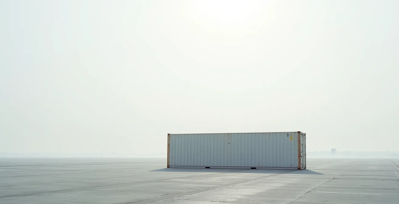 Conteneur 20 pieds seul dans un vaste paysage industriel épuré avec prédominance d'espace négatif et ciel dégagé