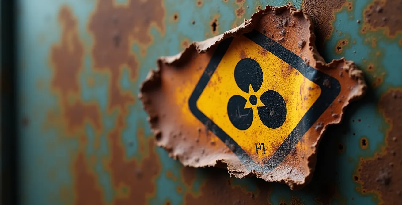 Gros plan sur une étiquette de danger ADR partiellement décollée sur une surface métallique