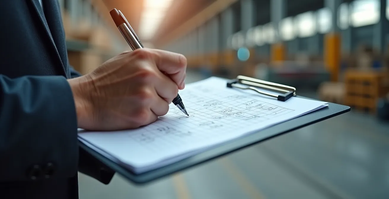 Mains d'un inspecteur vérifiant une checklist de conformité avec stylo professionnel