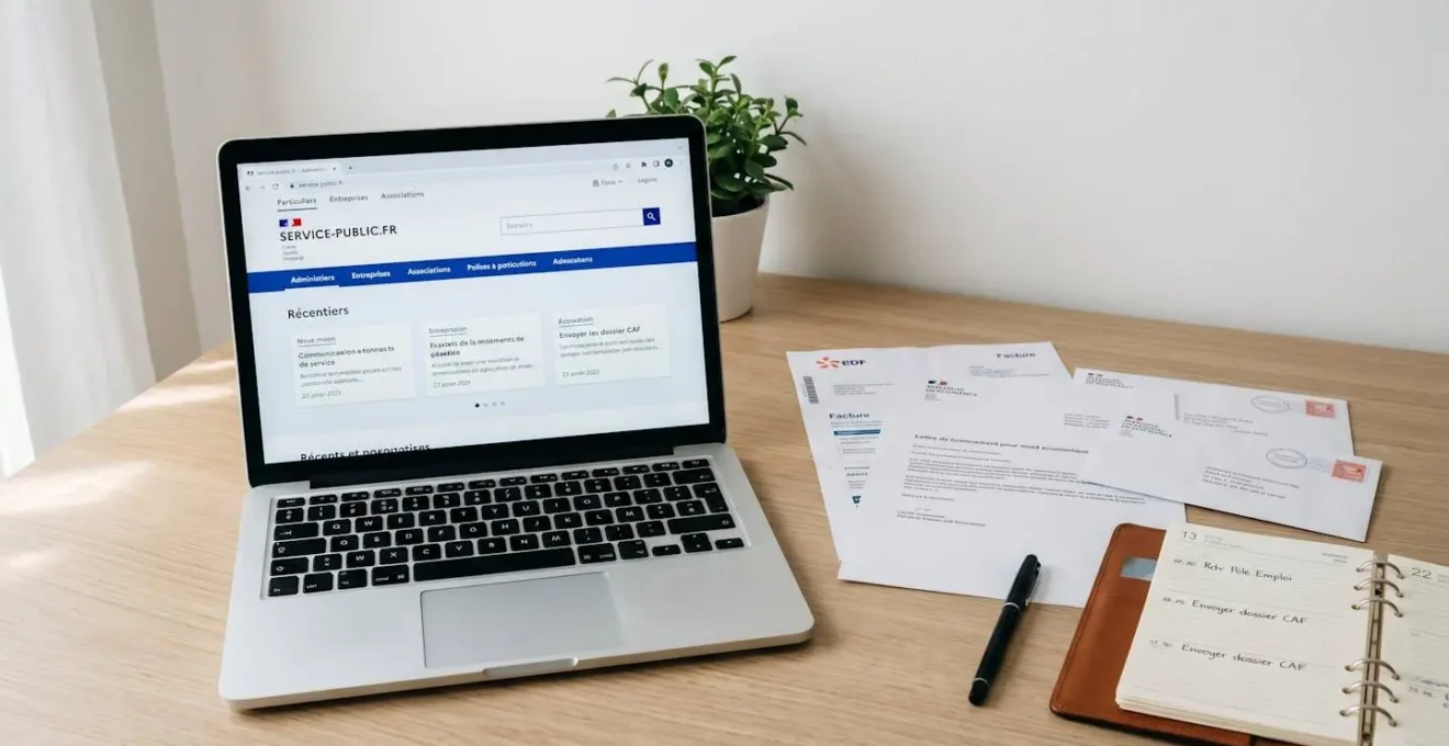 Bureau contemporain avec ordinateur affichant le site service-public.fr, pile de documents administratifs de déménagement organisés (courriers de résiliation, contrats), agenda ouvert avec annotations