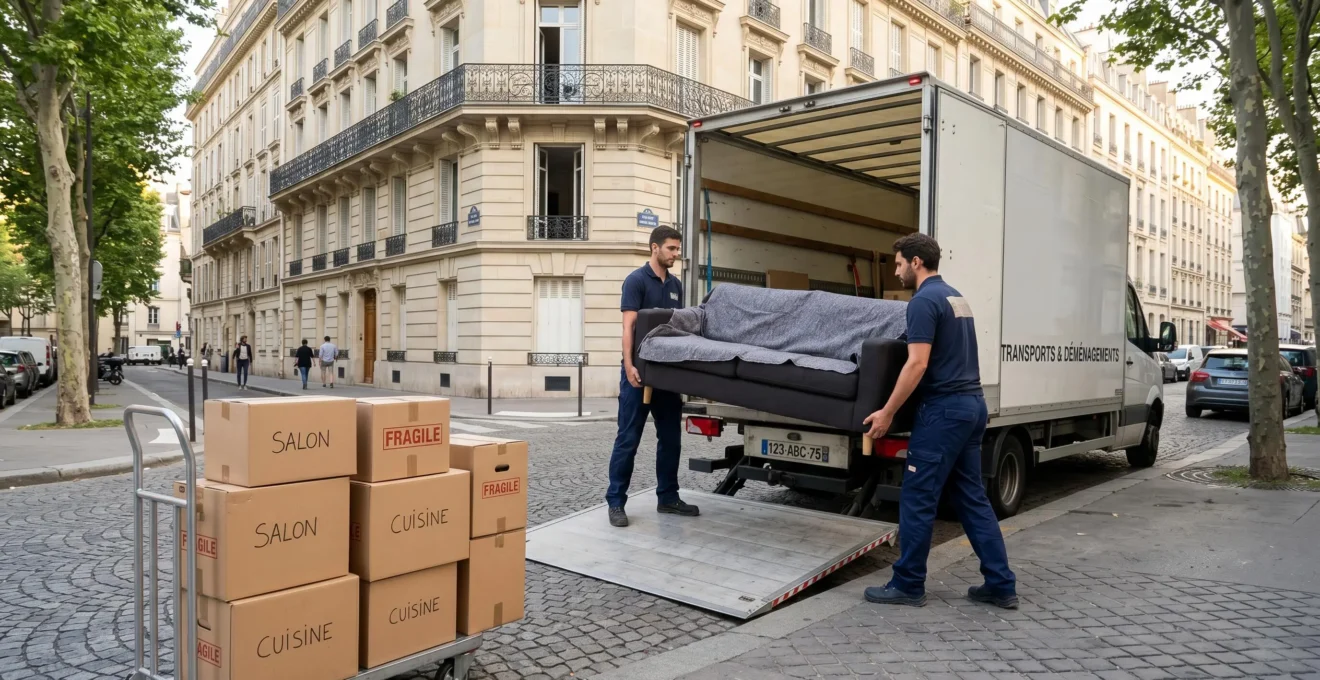 Deux déménageurs professionnels chargeant un canapé protégé dans un camion de déménagement à l'aide d'un hayon élévateur, devant un immeuble résidentiel français, avec cartons étiquetés au premier plan