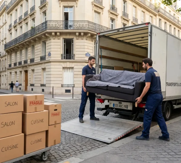 Deux déménageurs professionnels chargeant un canapé protégé dans un camion de déménagement à l'aide d'un hayon élévateur, devant un immeuble résidentiel français, avec cartons étiquetés au premier plan