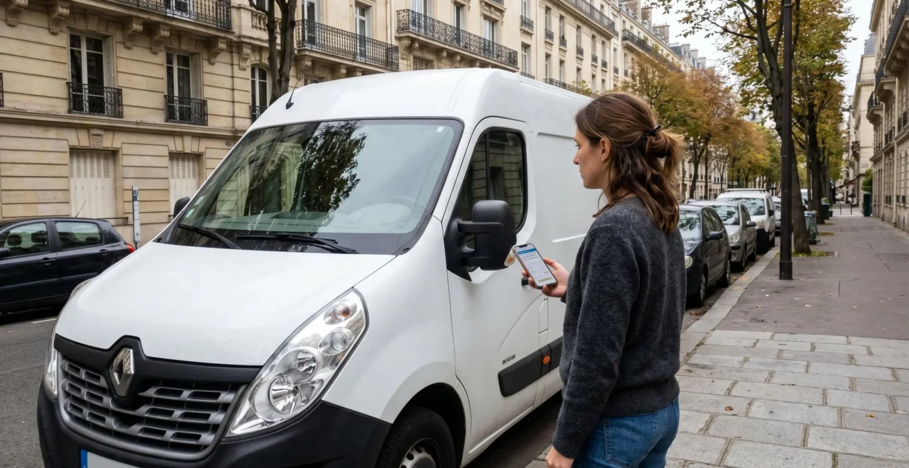 Femme de 30-35 ans vue de trois-quarts dos, debout face à un camion de location utilitaire, tenant un smartphone affichant un devis de déménagement, expression pensive sur un trottoir résidentiel français