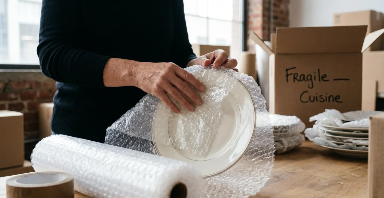 Gros plan de mains enroulant soigneusement une assiette en porcelaine dans du papier bulle à grosses bulles, avec carton renforcé étiqueté 'Fragile — Cuisine' en arrière-plan flou