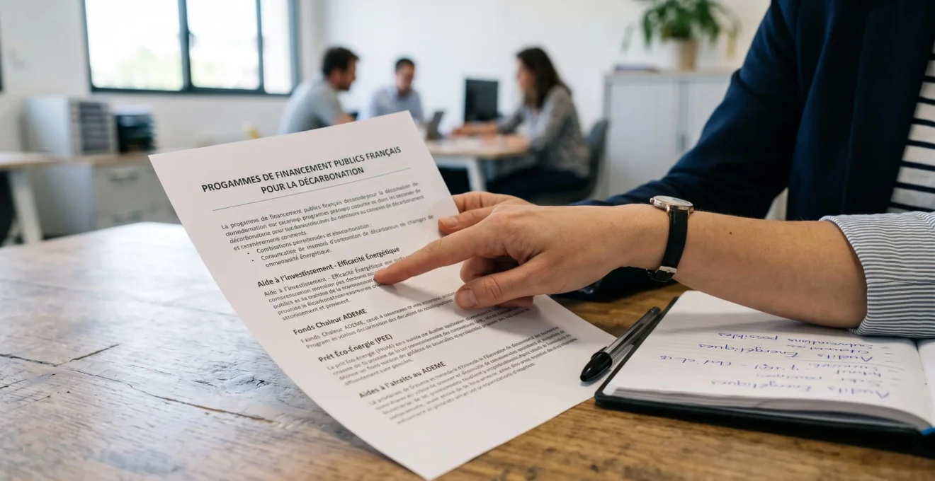 Un conseiller pointe une liste d'aides publiques imprimée posée sur un bureau.
