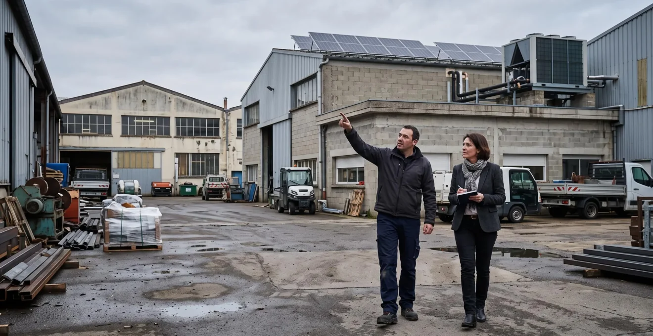 Un dirigeant d'entreprise et un auditeur observent des panneaux solaires sur le toit d'une usine.