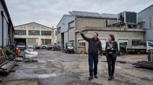 Un dirigeant d'entreprise et un auditeur observent des panneaux solaires sur le toit d'une usine.