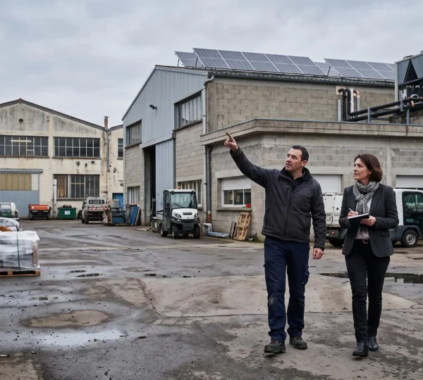 Un dirigeant d'entreprise et un auditeur observent des panneaux solaires sur le toit d'une usine.