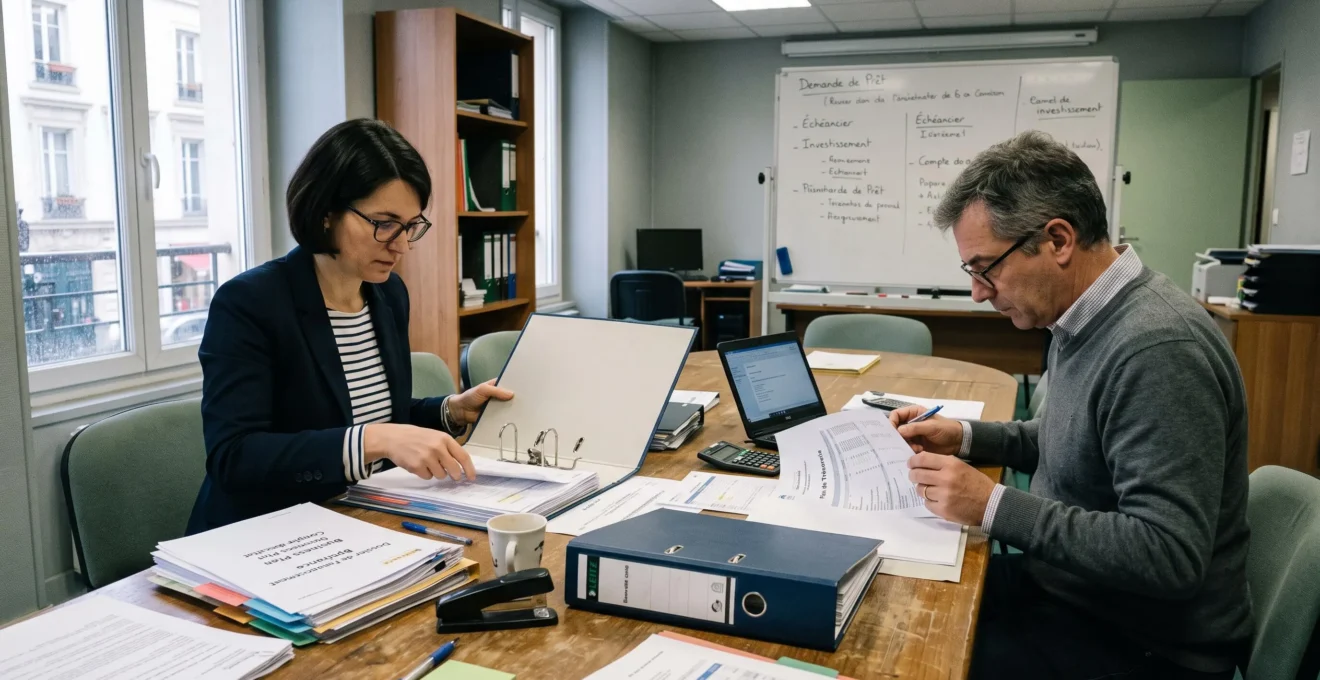 Une dirigeante prépare un dossier de financement avec un conseiller en réunion.